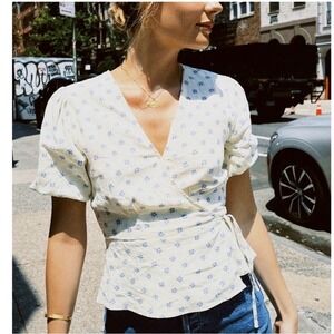 ROLLA's Verona Linen Ivory Blue Floral Print Puff Sleeve Wrap Top NWT M